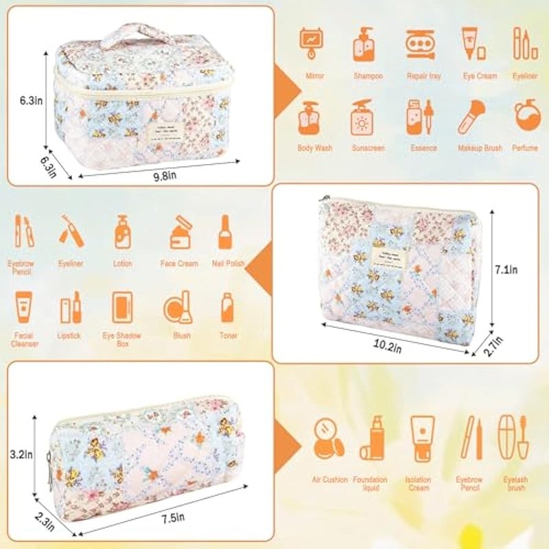 URSKYTOUS 3Pcs Cotton Quilted Makeup Bag for Women Girls Large Small Travel Floral Cosmetic Bags Set Cute Coquette Makeup Pouch for Purse Aesthetic Cloth Bee&Flower Storage Toiletry Bag Organizer - Image 2